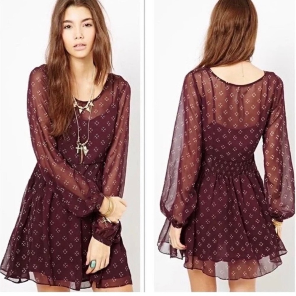 Free People Maroon Chiffon Long Sleeve Fit & Flare Dress size Medium - Picture 1 of 16